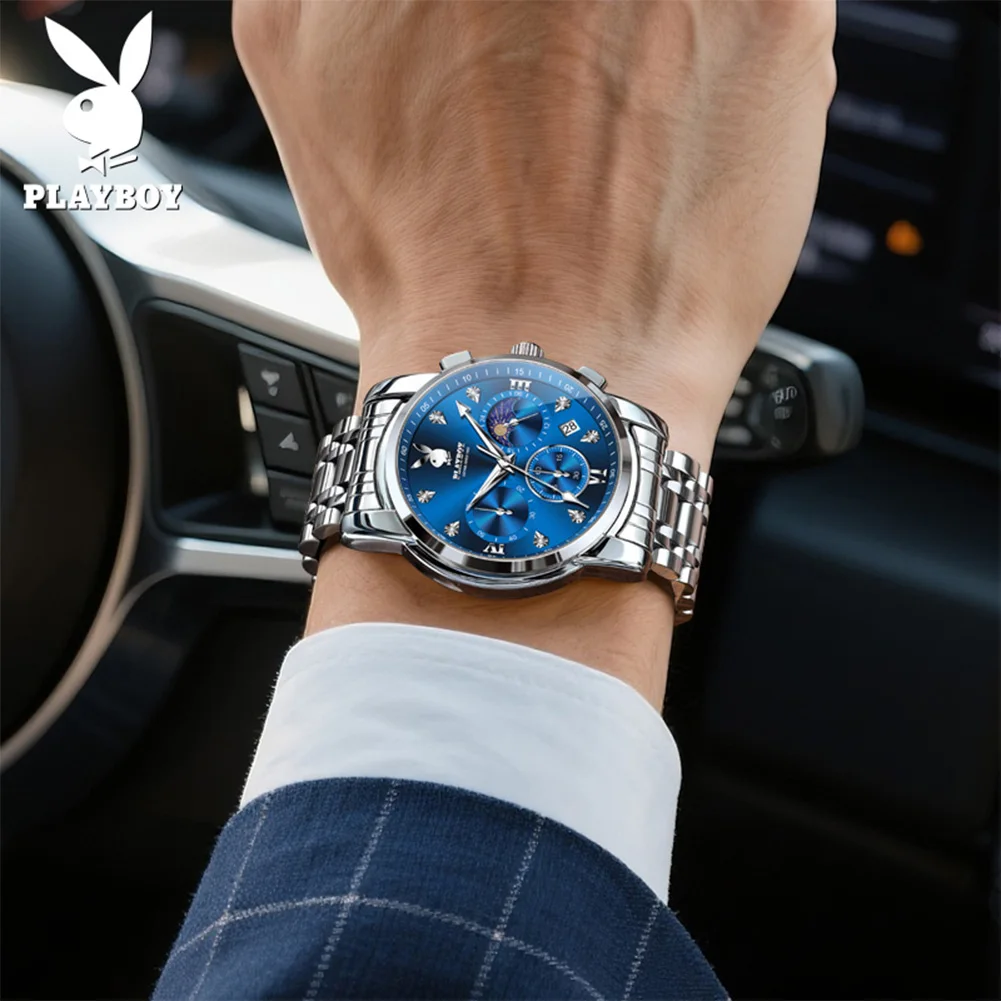 PLAYBOY 3021 Quartz Watch Business Elite Style Chronography Luminous Function 30m Daily Waterproof 24-hour Moon Phase Watch
