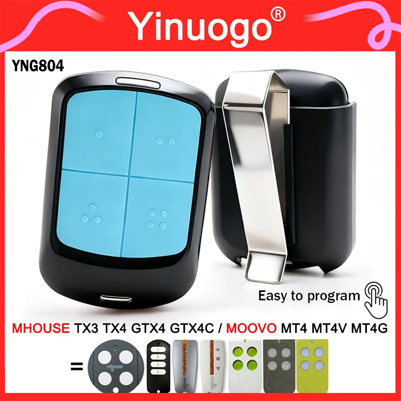 

YNG804 Garage Door Remote Control 433.92MHz 4-Channel with Clip Compatible with MOOVO MT4 MT4V MT4G Mhouse GTX4 TX3 TX4 GTX4C