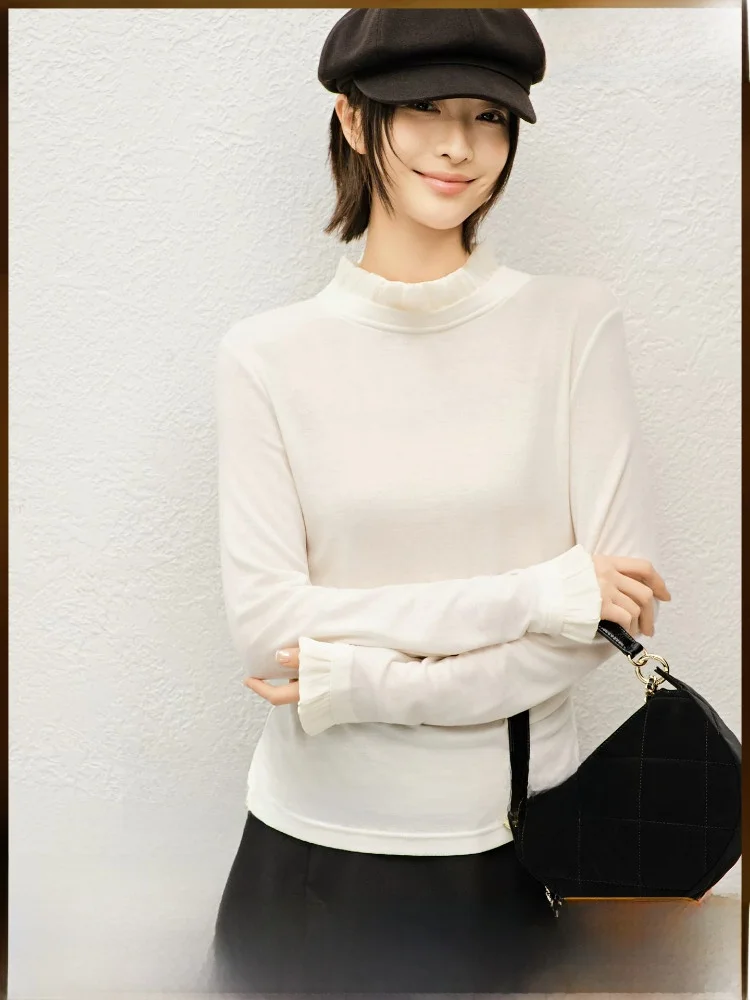 

Meiyang Ladies' Casual Long Sleeve T-Shirt Small Flower Bud Base Shirt Rayon Wool Blend Slim Fit Classic Pattern Daily Wear