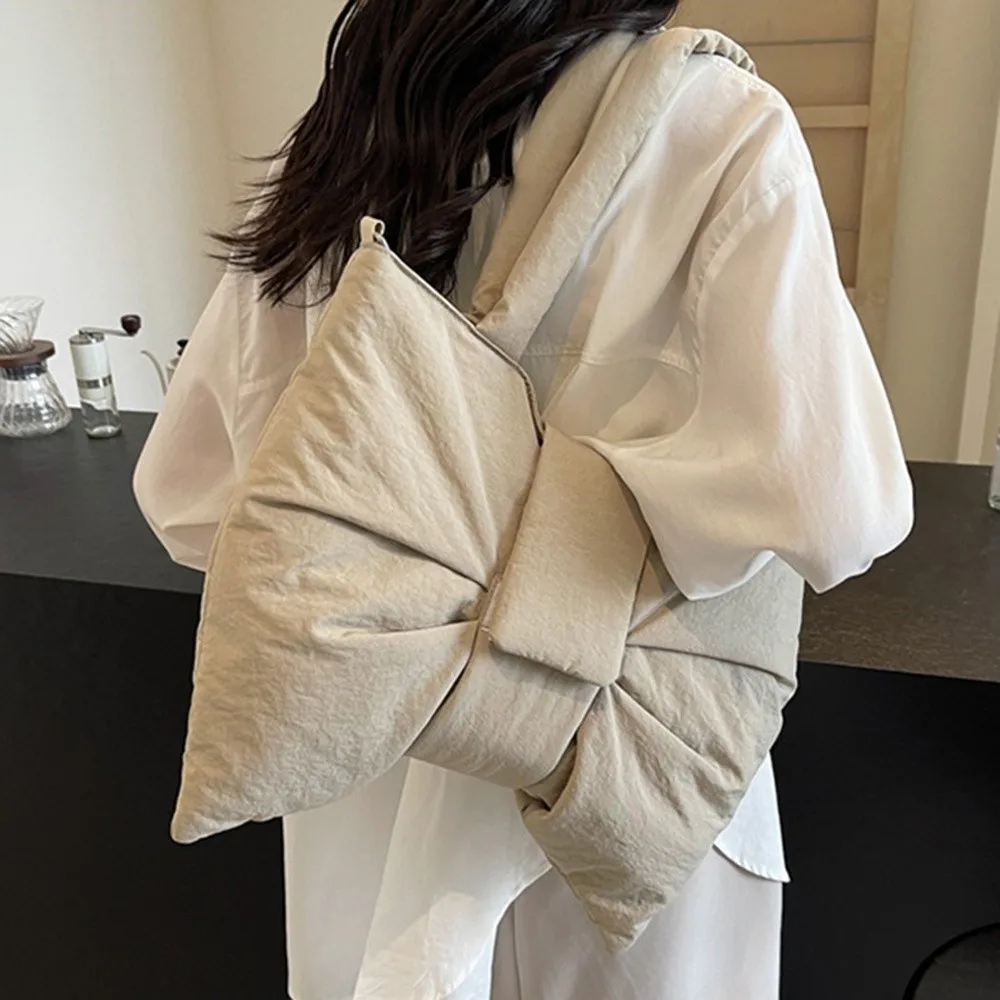 

Korean Style Ruched Bowknot Shoulder Bag Cotton Padded Soft Nylon Quilted Tote Bag Large Capacity Stylish Crossbody Bags Travel