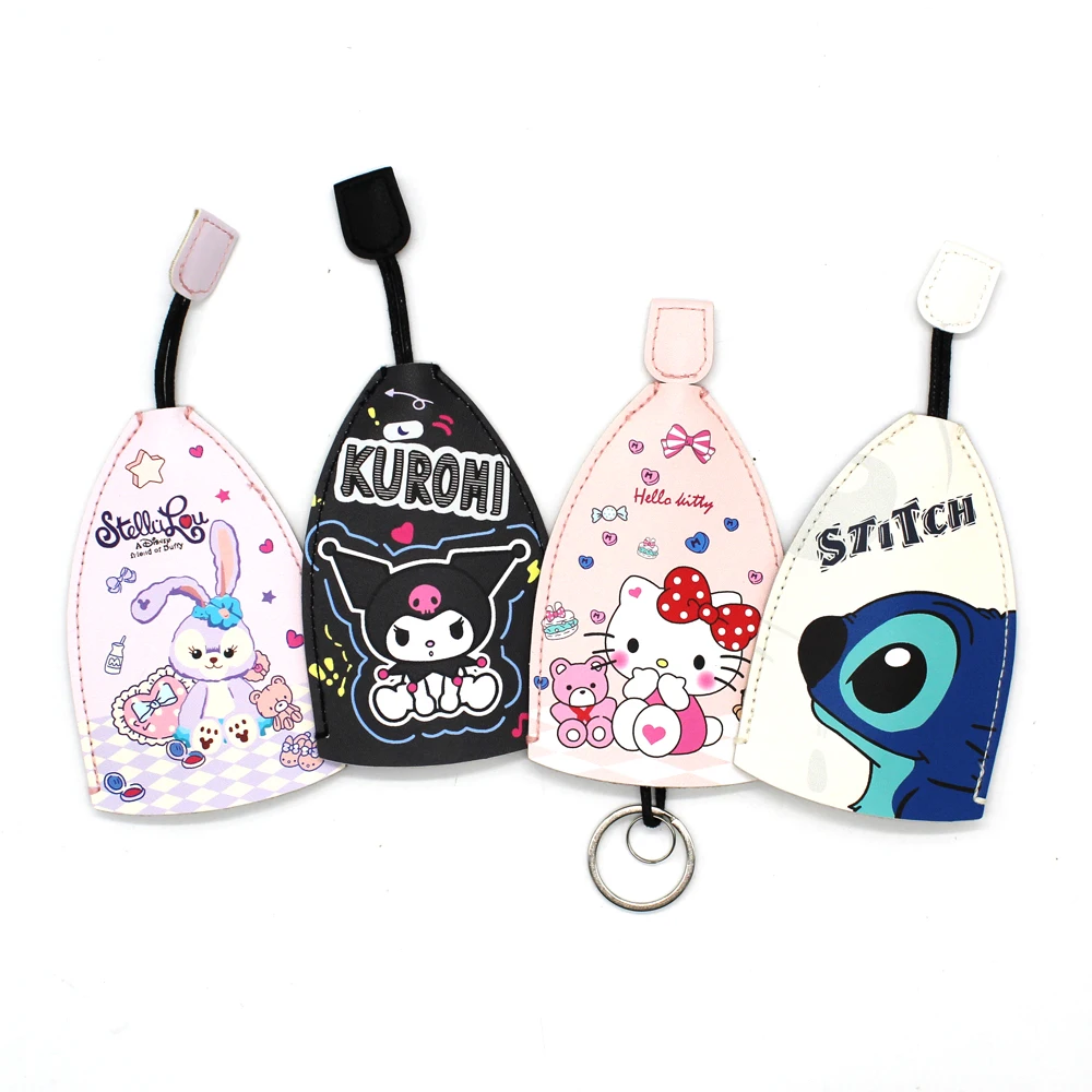 Cartoon Sanrio Hello Kitty Key Bag Invisible Drawstring Leather Key Cover Keychain Holder Disney StellaLou Mickey Car Key Case