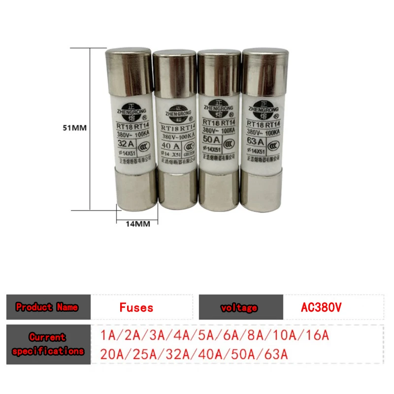 20Pcs fuse R016 14mm*51mm RT18 RT14 AC380V 1A 2A 3A 4A 5A 6A 8A 10A 12A 16A 20A 25A 32A 40A 50A 63A