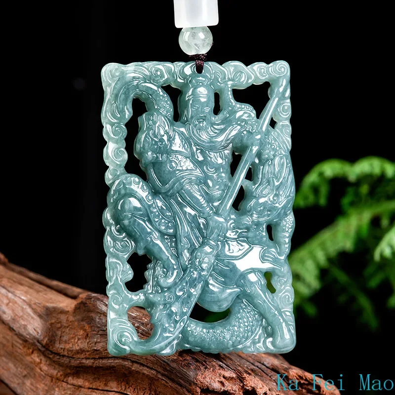 Natural A-grade Jade Blue Water Divine Dragon Guan Gong Wu Cai Shen Nuo Zhong Jadeite Pendant Men's Charms Women's Jewelry