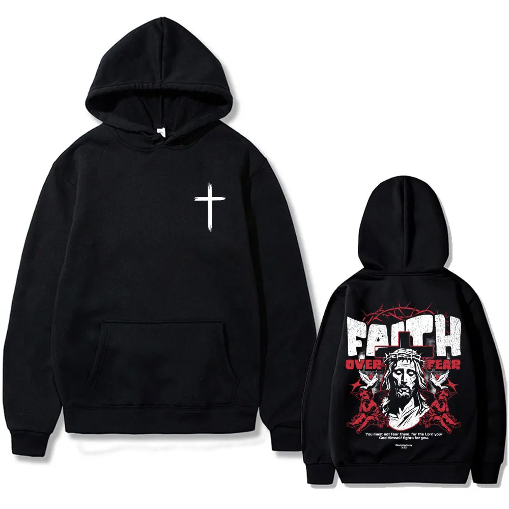 

Christian Jesus Faith Over Fear Bible Verse Graphic Hoodie Men Women Hip Hop Fashion Rock Sweatshirt Male Casual Hooded Pullover