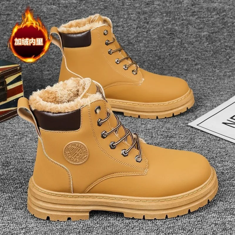 

Winter Men Boots Fashion Casual High Top Boots Outdoor Waterproof Leather Boot Plush Warm Cotton Shoes Winter Snow Boots for Men