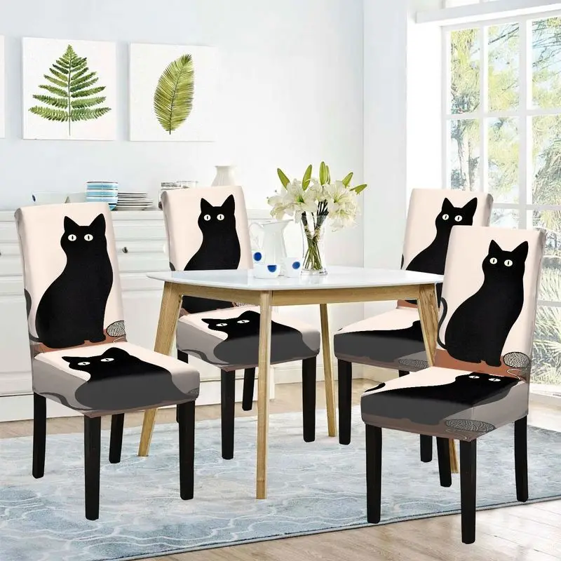 

Чехол для стула с 2D-печатью, с рисунком черной кошки, для ресторанов, съемный и моющийся, подходит для семей, отелей, банкетов