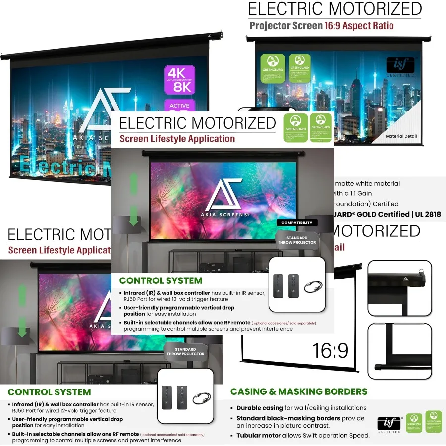 110 inch Electric Motorized Projector Screen Retractable 16:9 8K 4K HD 3D Ceiling Wall Mount Black Projection Screen Office Hom