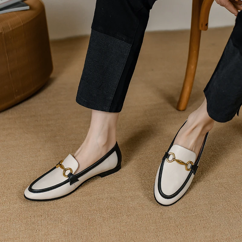 2022 Spring New Genuine Leather Women Shoes Fashion Retro Slip-On Loafers Shoes Round Toe Shoes Woman Zapatos De Mujer Flats