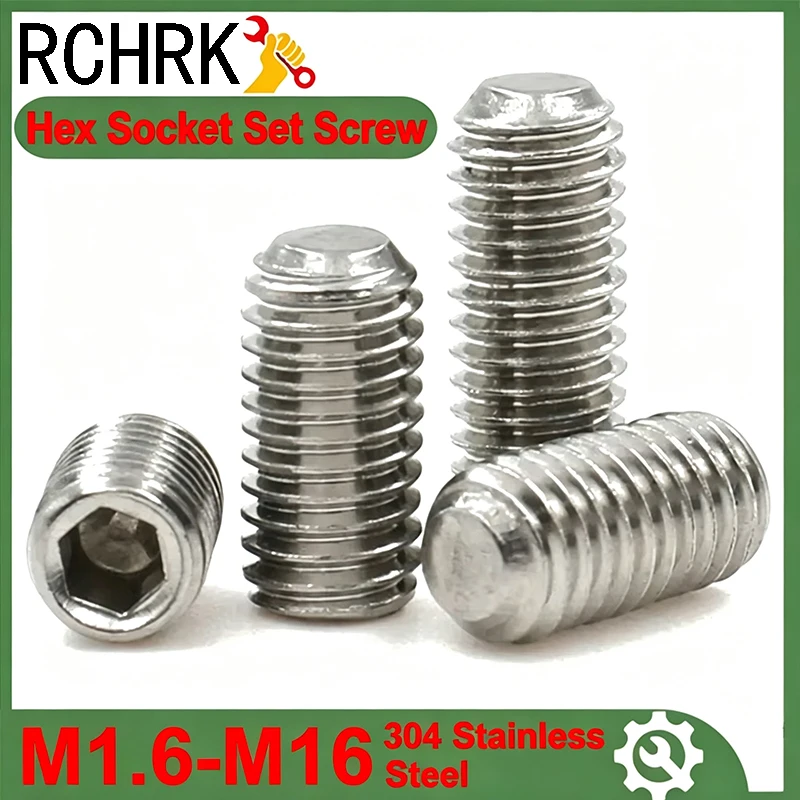 10pcs 304 Stainless Steel Hex Socket Set Screw Cup Point M2 M3 M4 M5 M6 M8 M10 M12-M16 Headless Hexagon Socket Grub Screw DIN916