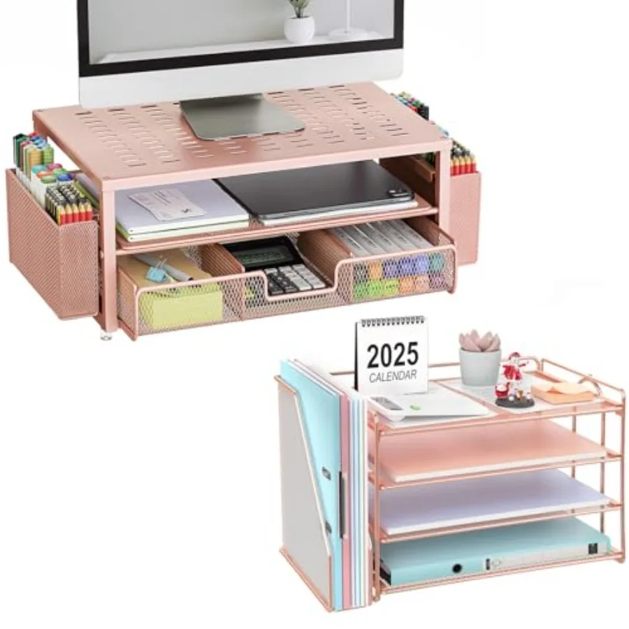 Monitor Stand with Storage and 4-Tier Paper Organizer in Rose Gold for Desk Organization and Cable Management