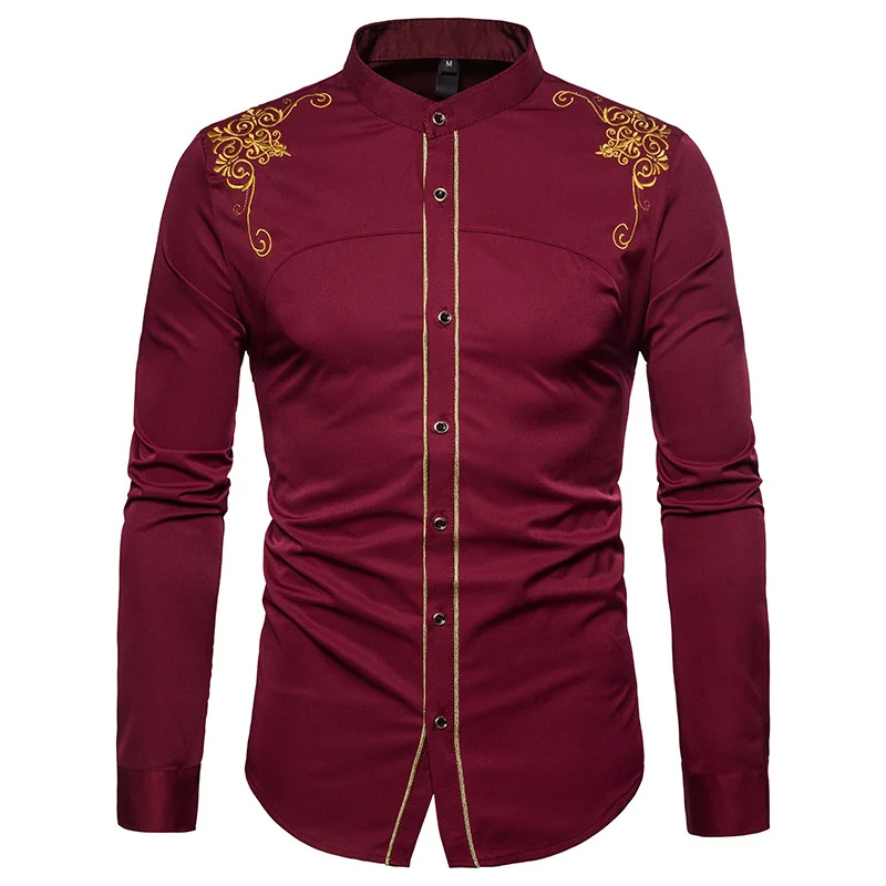 Palace Style Embroidery Shirt Men Long-Sleeved Solid Color Fashion Slim Embroidered s Male