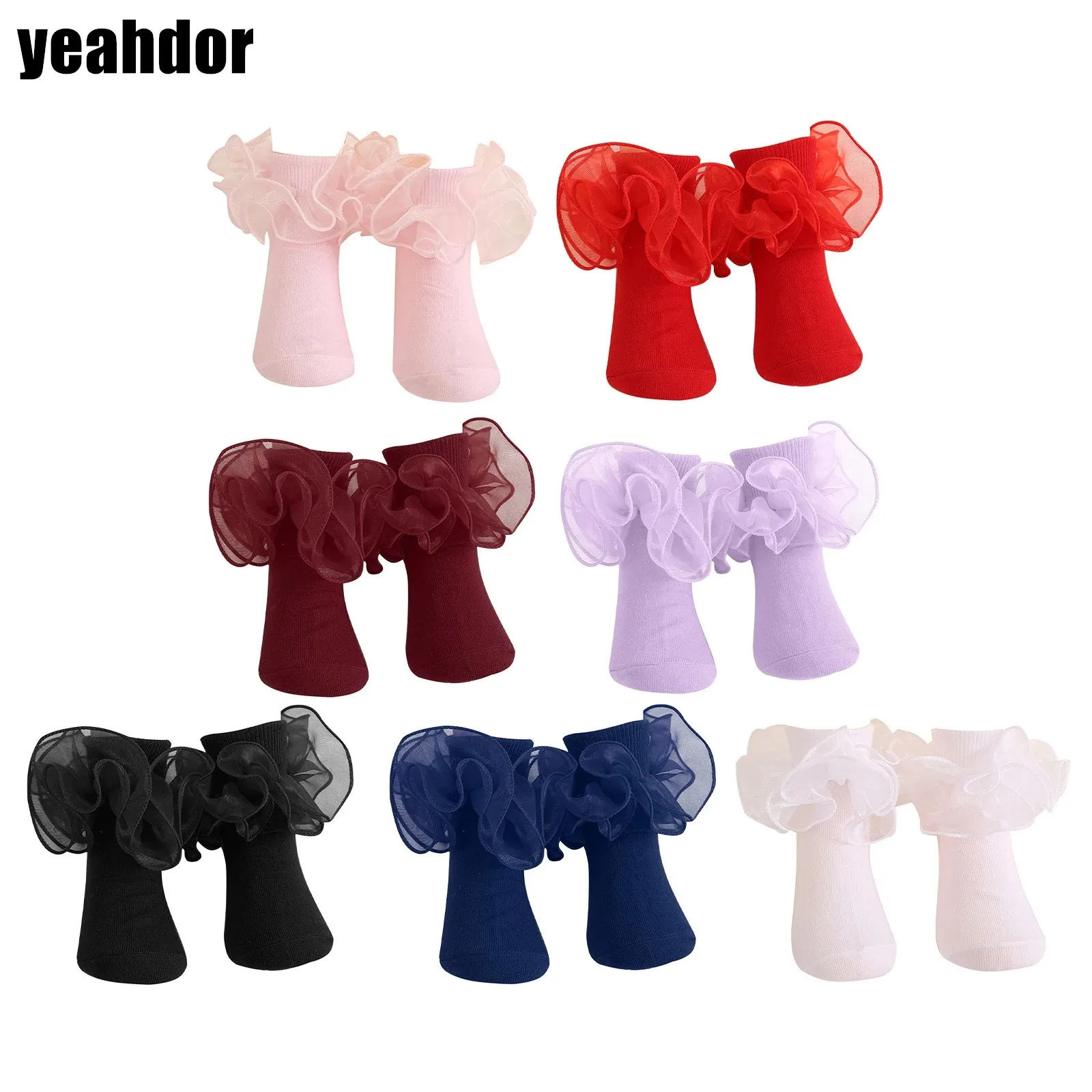 

Kids Girls Ruffled Princess Socks Elastic Rib Top Tiered Ruffles Solid Color Cotton Socks Calf Length Socks for Daily Wear