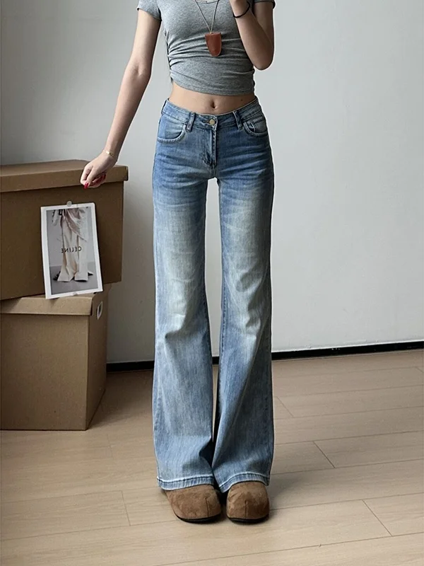 

American Sle Retro Low Waist Bell Bot Jeans Women's Light Blue Loose Straight Leg Wide Leg Pants Autumn New Arrival