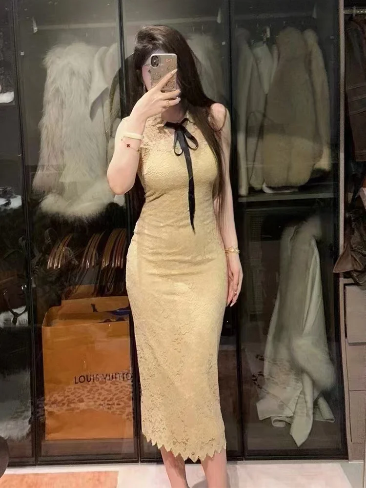 

Sexy Pure Desire round Ne Svel Lace Dr Women's Slimming Long Skirt Tight Fit Waist Cinch Butt Cover Spring Autumn