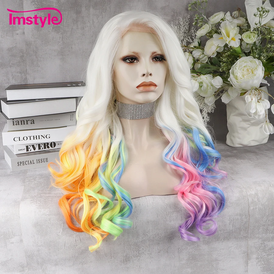 Imstyle Rainbow peruka Multicolor syntetyczna koronka peruka Front długie faliste peruki dla kobiet włókno termoodporne imprezowa peruka Cosplay