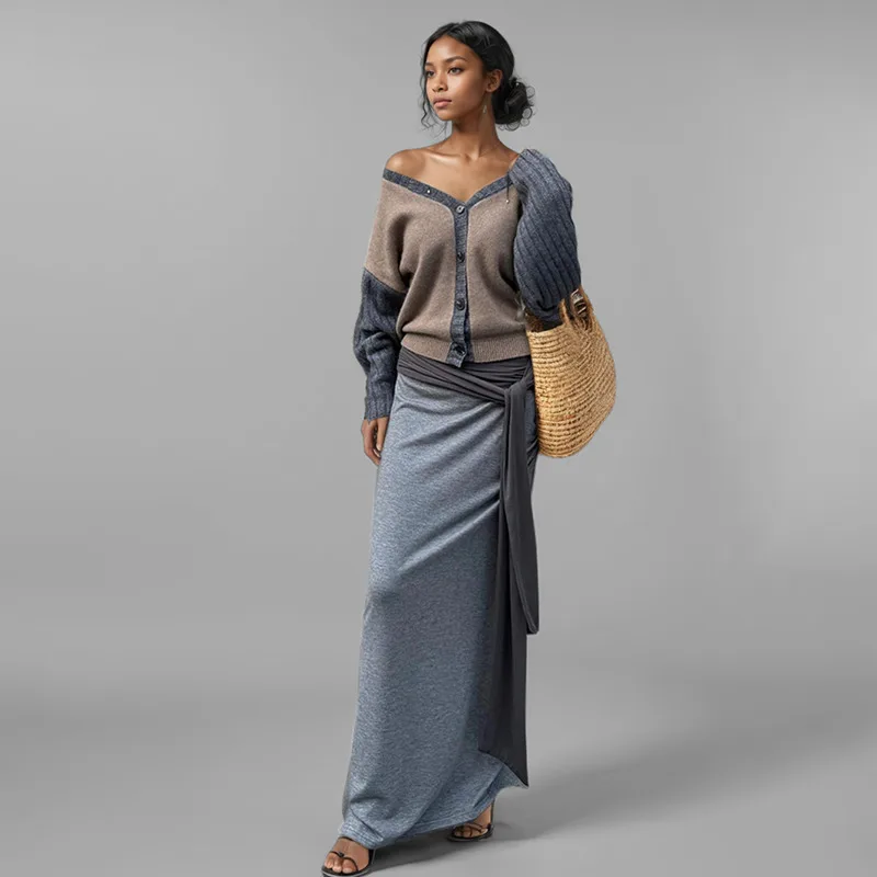 DEAT 2024 Winter Fashion Women's Patchwork Knit V-neck Cardigan Wrinkled High Waist Bandage Design Long Skirt Female 33A2200