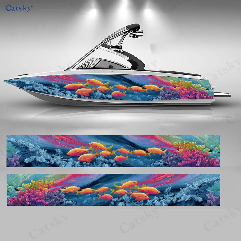Coral Reef & Tropical Fish Boat Stickers, PVC Waterproof Durable Vinyl Wrap Decals for Fishing Boats, Durable and Stylish Design