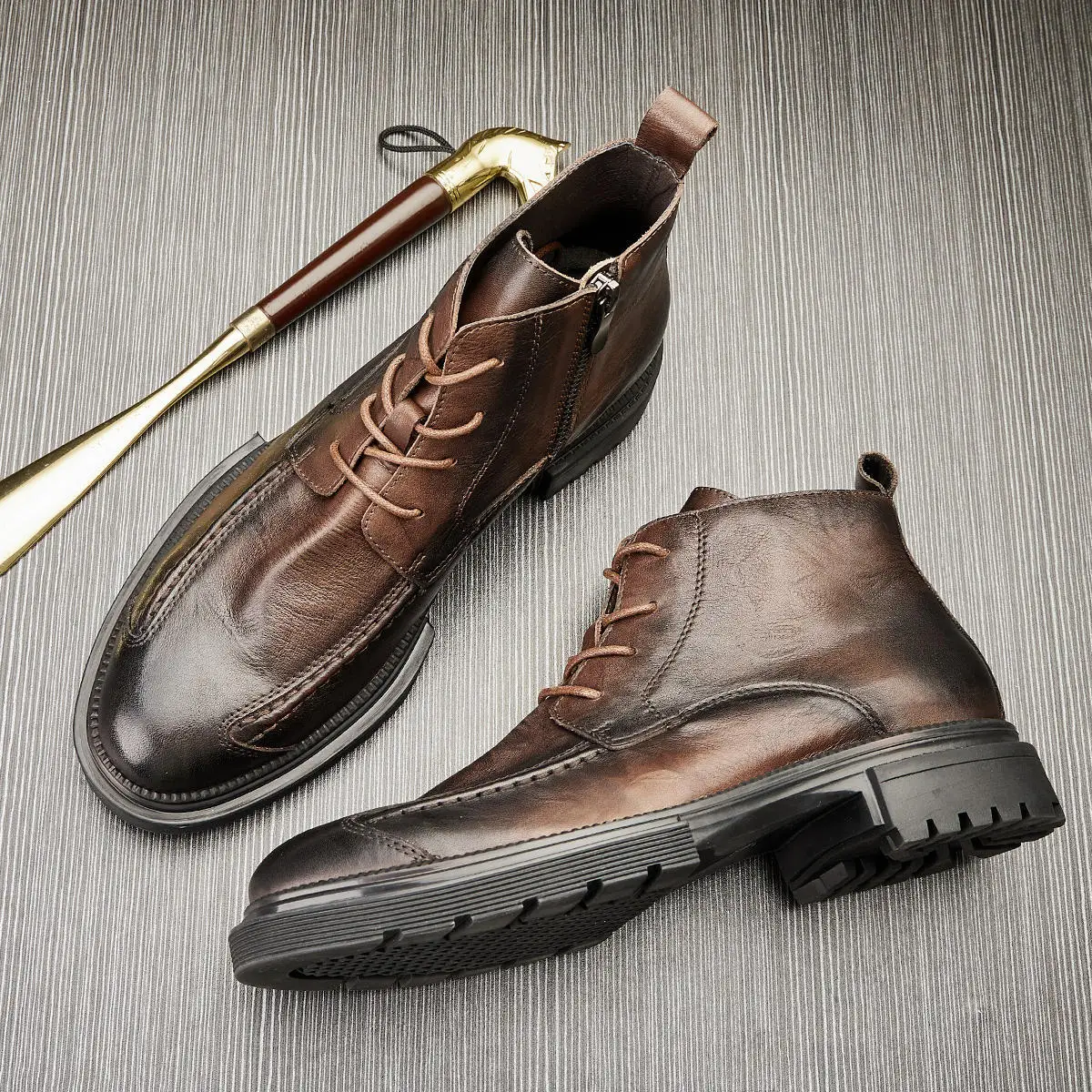 

Men High Top Motorcycle Boots Retro Thick Sole Side Zip Casual Comfort Lace Up Non-Slip Business Formal Shoes Botas Masculino