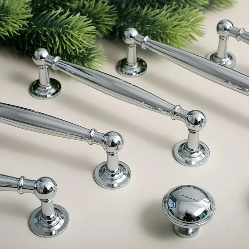 Solid Brass Hardware Furniture Handles Luxury Wardrobe Door Cabinet Handle Drawer Knob Chrome Bright Silver Cabinet Long Pull