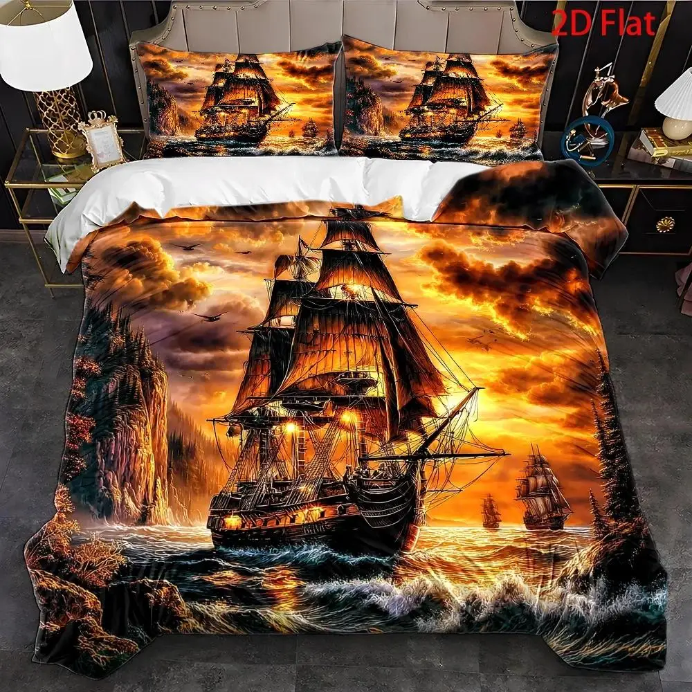 Pirate Ship Theme Vintage Oil Painting Duvet Cover Set Multi Size Quilt Cover Queen Size Bedroom Bedding Decoration Machine Washable Adult Boy Girl Bedroom