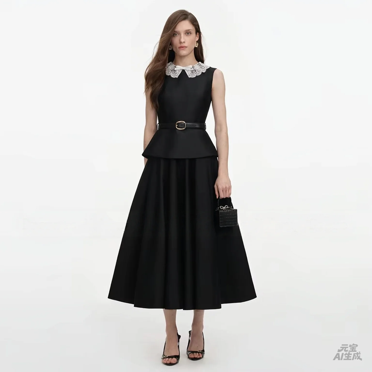 Satin Cocktail Dress Black Peter Pan Collar Lace Women's Cocktail Gowns 2027 Tea Length 2 Pieces Party Dresses Midi