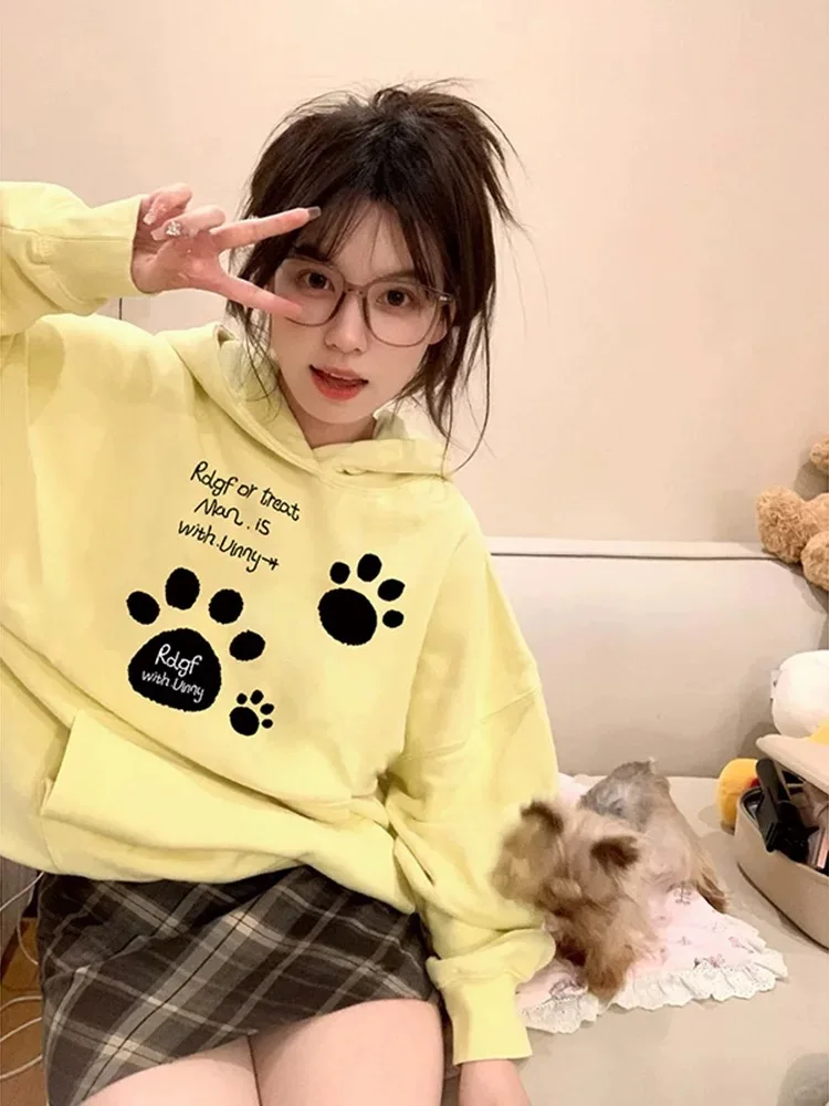 ADAgirl Kawaii Cat Paw Print Hooded Women Cutecore Kitty Ears Pullovers Female Oversized Japan Style Autumn Winter Sweatshirt