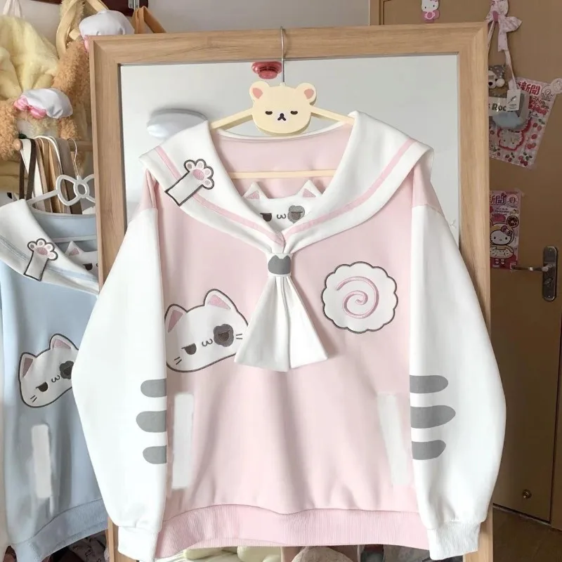 Herbst Japanische Süße Nette Anime Katze Druck T-shirt Frauen Casual Naval Kragen Langarm Sweatshirt Kawaii Mode Tops Neue