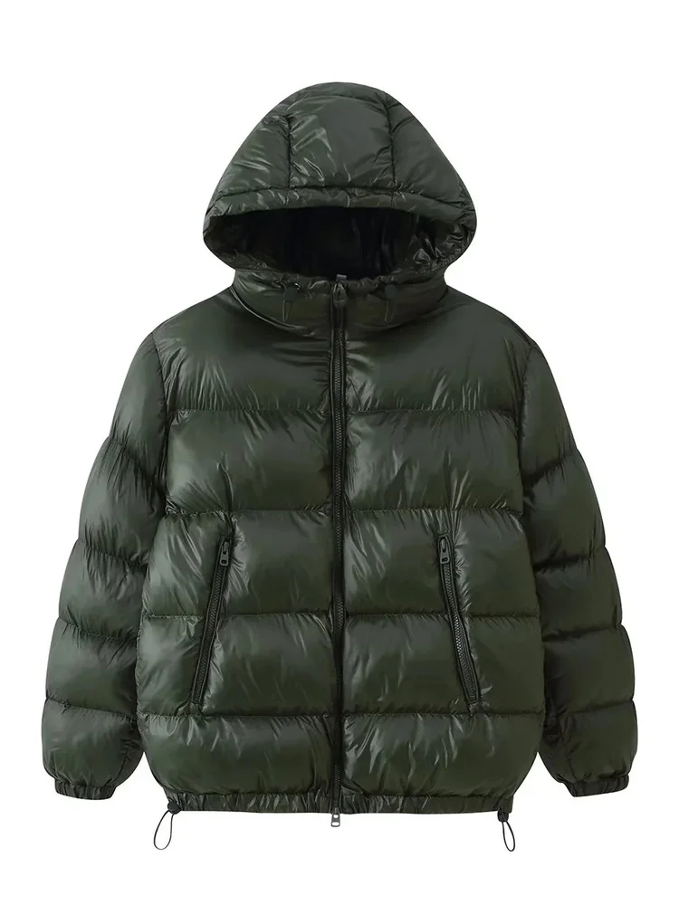 AACHOAE Women Shiny Hooded Puffer Jacket Zip Up Padded Coat with Zipper Pockets Drawstring Hem Loose Fit Warm Winter Outerwear