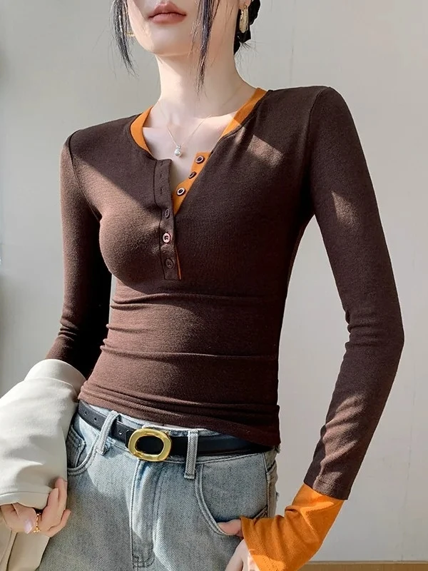 Slim Fit Long Sleeve T-Shirt Women's Inner Wear Color Block Base Shirt Casual Style Combed Cotton Spandex Blend Autumn New