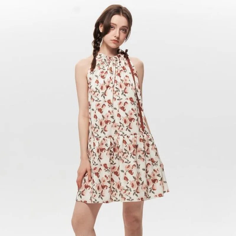 2025 verão halter floral mini vestido feminino hotsweet fora do ombro a linha sem mangas vestidos y2k moda festa