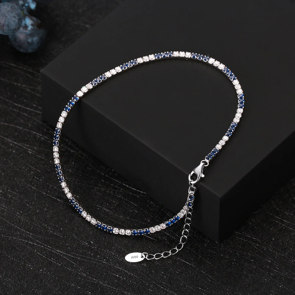 

KISS MANDY S925 Sterling Silver Zircon Blue & White Anklet Beach Ankle Bracelet Chain Barefoot Tennis Summer Anklet Party SA19