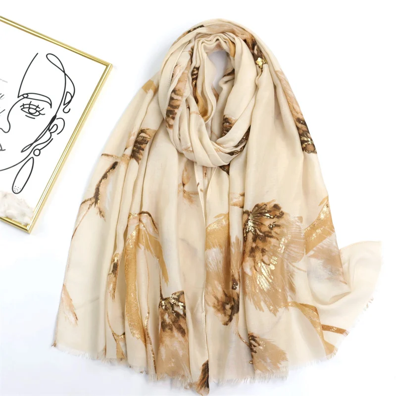 2023 Luxury Brand  Fringe Viscose Scarf for Women Gold Lurex Aztec Floral Shawls and Wraps Pashmina Muslim Bufandas 180*90Cm