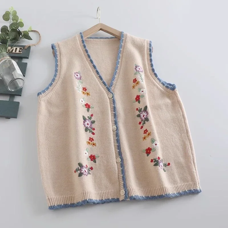 Vintage Knit Floral Embroidery Sweater Vest Fall Mori Girl Retro Chic Cottagecore Hippie Gypsy Ibiza Crochet Sleeveless Cardigan