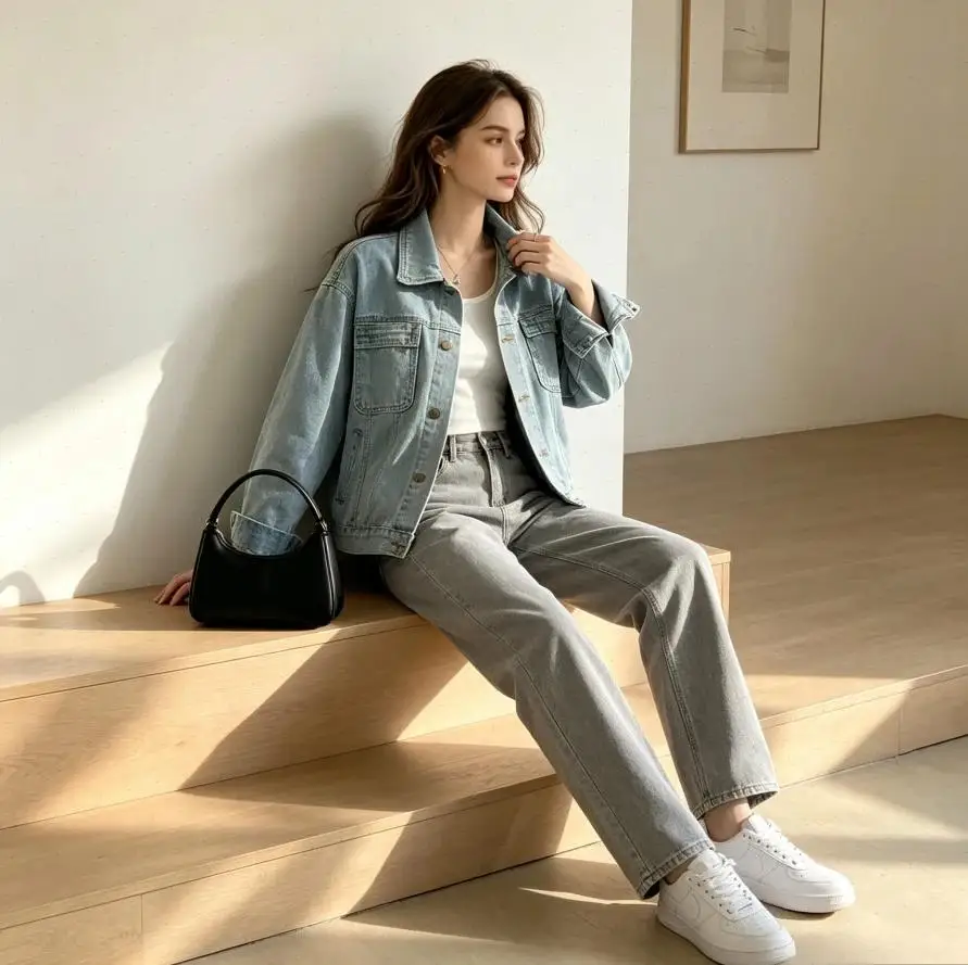 Denim Coat Women Coats Single Breasted Loose Distressed Y2k Streetwear Causal Vintage Turn Down Collar Full Sleeve Jackets 2026