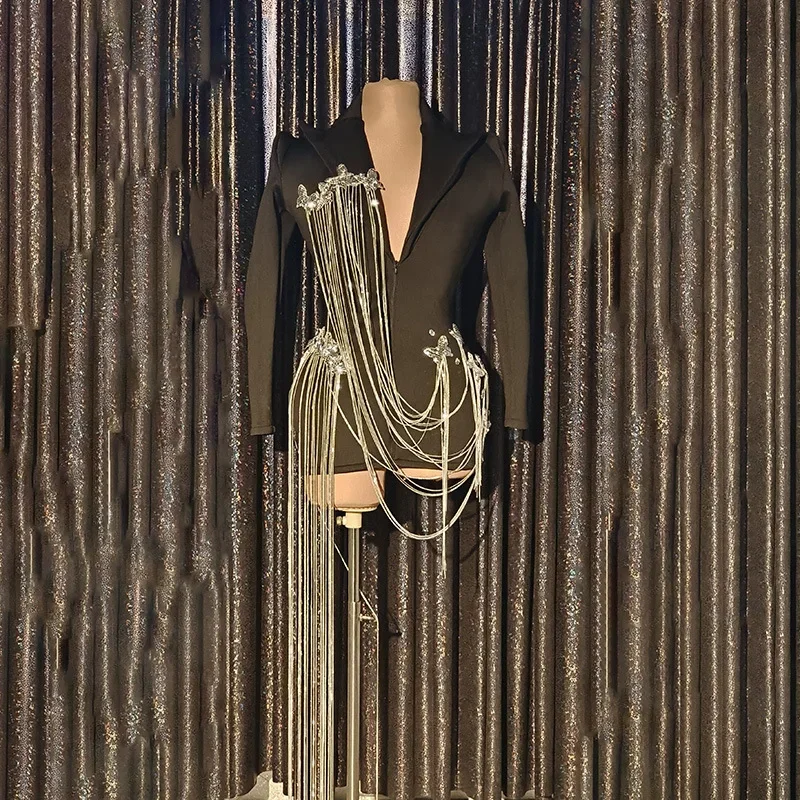 Błyszczące Perłowe Srebrne Kryształki Głęboki Dekolt w Serek Damskie Dopasowane Kombinezony Kostiumy Drag Queen na Imprezę Urodzinową Krótka Sukienka