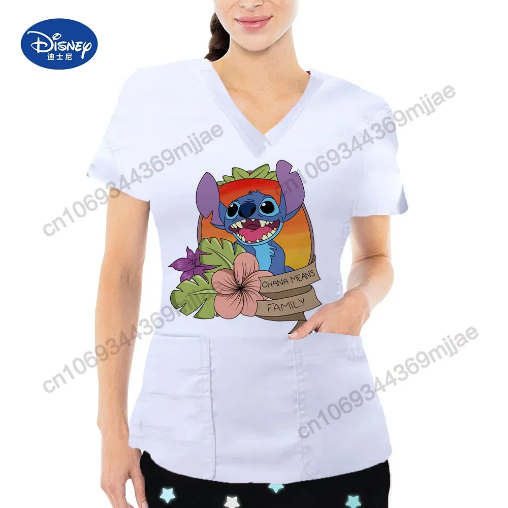 Popular New Summer Disney Cartoon Printed  Women's Tops Comfort Nurse Uniform Double Pocket V-neck Short Sleeve Women's T-shirt