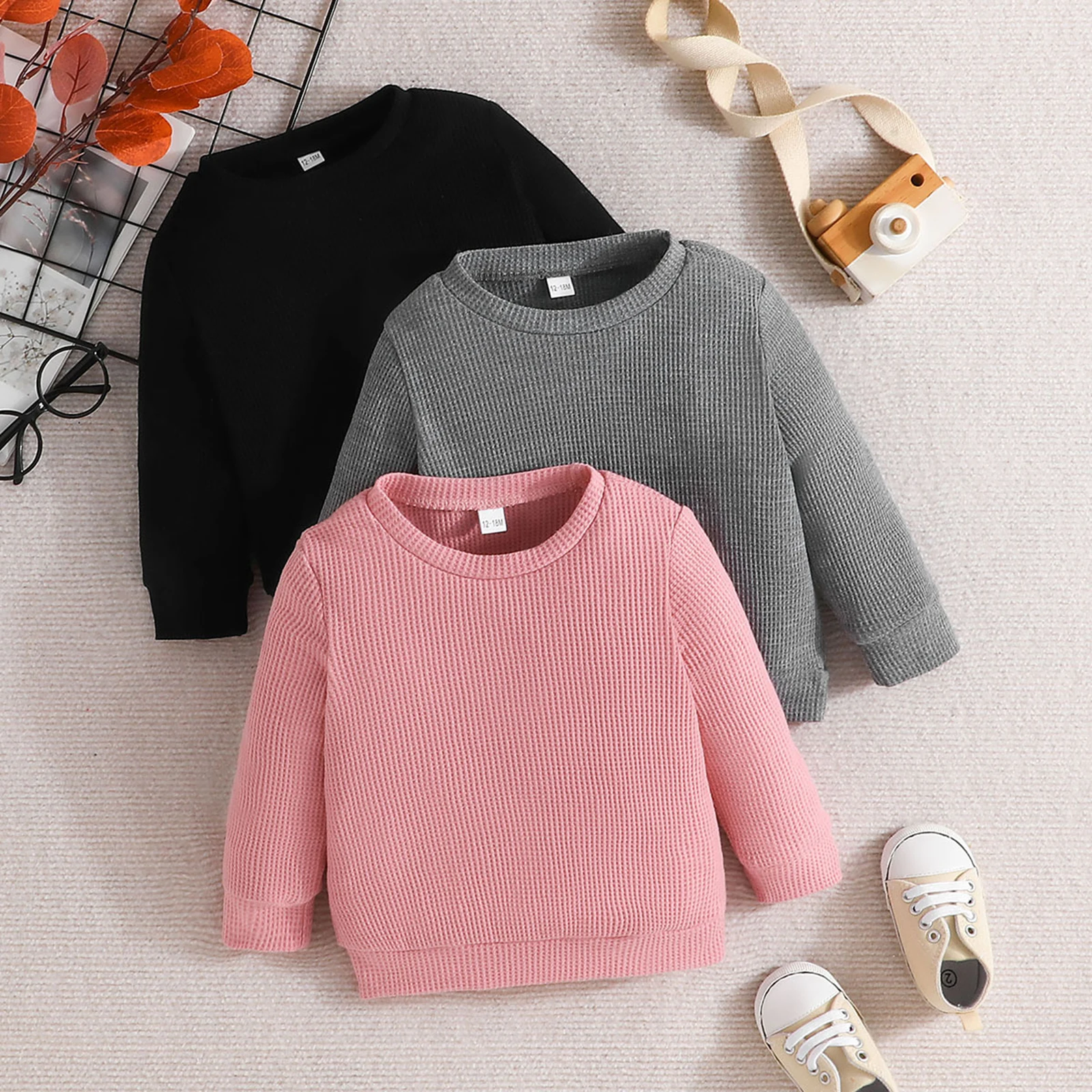 

Tregren 3pcs/set Toddler Baby Boys Girls Sweatshirts Long Sleeve Round Neck Solid Color Waffle Tops Pullovers