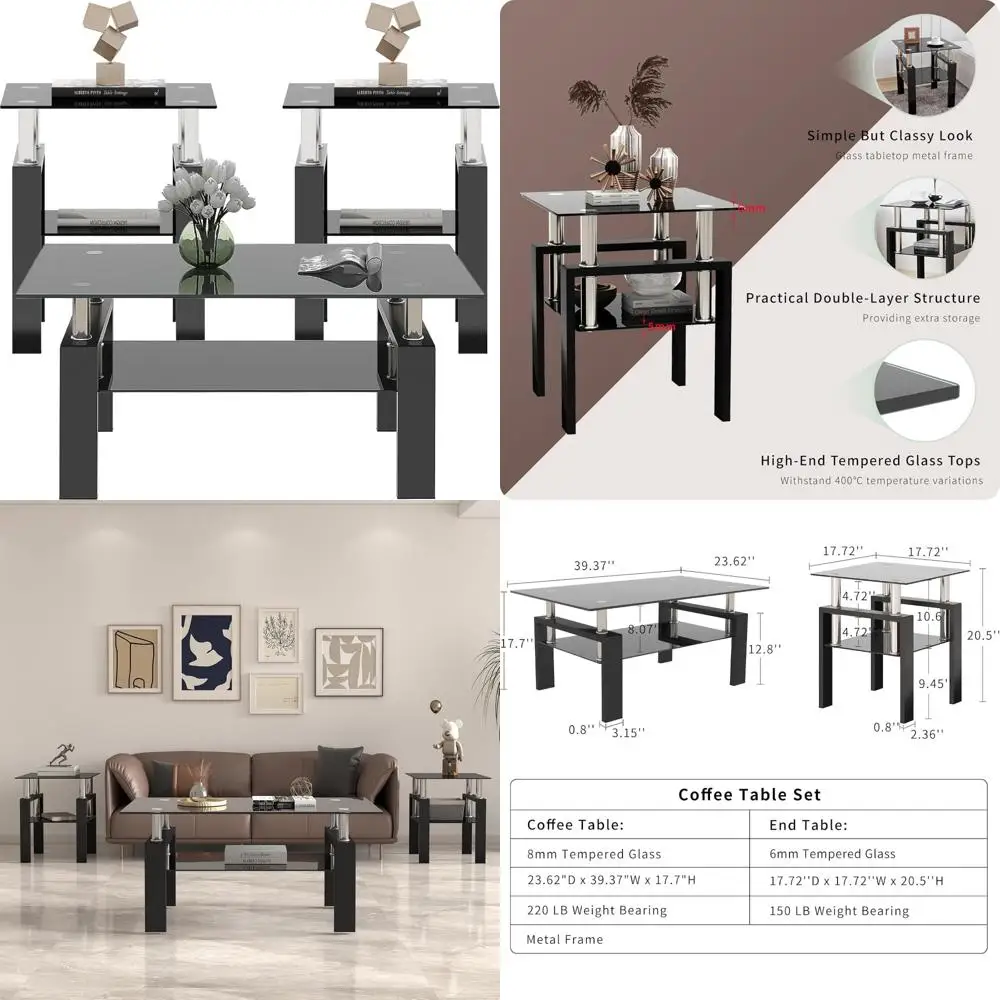 3-Piece Black Glass Living Room Table Set: Coffee Table and 2 Side Tables with Metal Frame