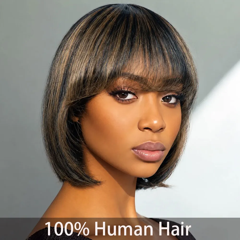 220% Density Ready To Go Human Hair Wigs with Bangs 8-12 Inch 1B/30 Highlight Ombre Straight Wear And Go Bob Wig Full Machine Made Wig Highlight Blonde Human Hair For Women