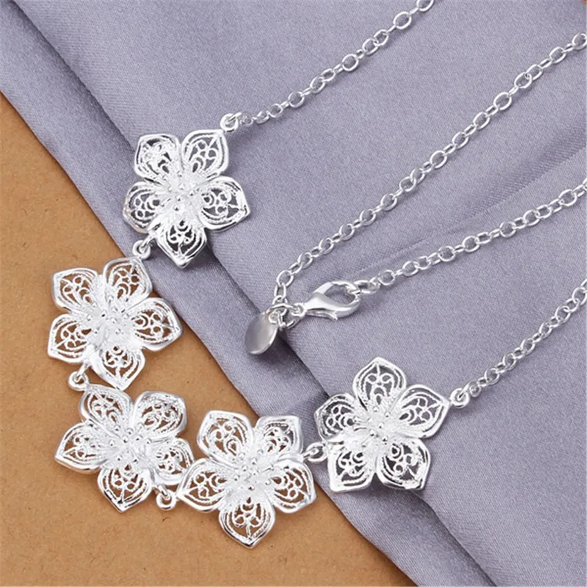 Hot Sell 925 Sterling Silver Flowers Necklace Cute Women Lady Wedding Retro Charm  Fashion Trends Jewelry Gifts Charms