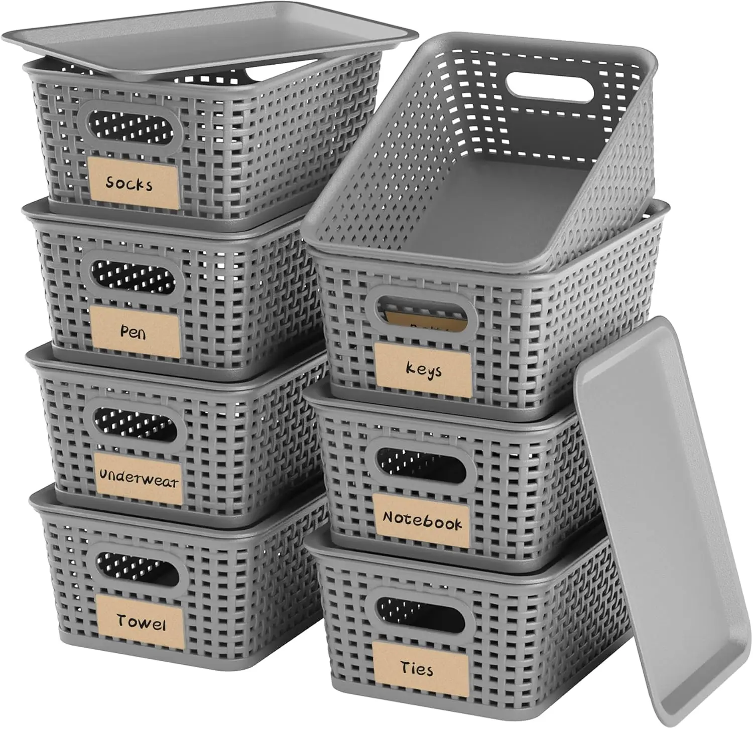 

8-Pack Grey Plastic Storage Baskets with Lids, Label Organizers, Stackable Organizer Containers: For