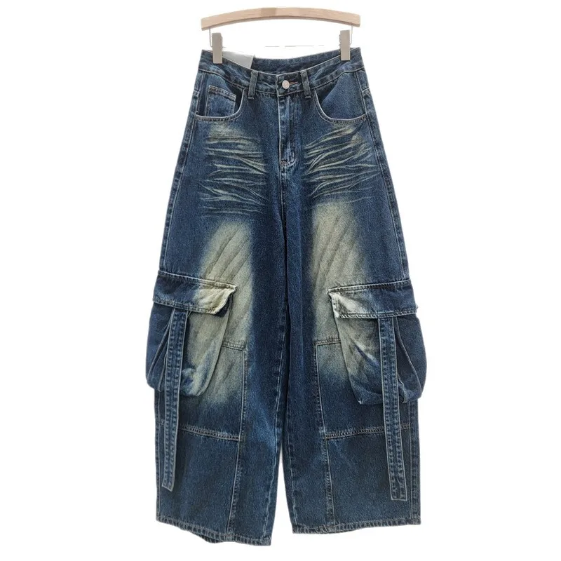 ANJY 2025 Autumn New Women American Niche Trend Jeans Large Pockets Hot Girl Street Distressed Cargo Wide-Leg Denim Pants A14308