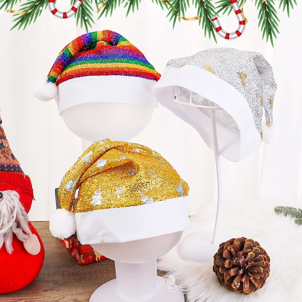 

Glitter Colorful Christmas Hats for Adult Kids Shiny Snowflake Rainbow Santa Claus Hat Xmas Caps New Year Party Decoration Props