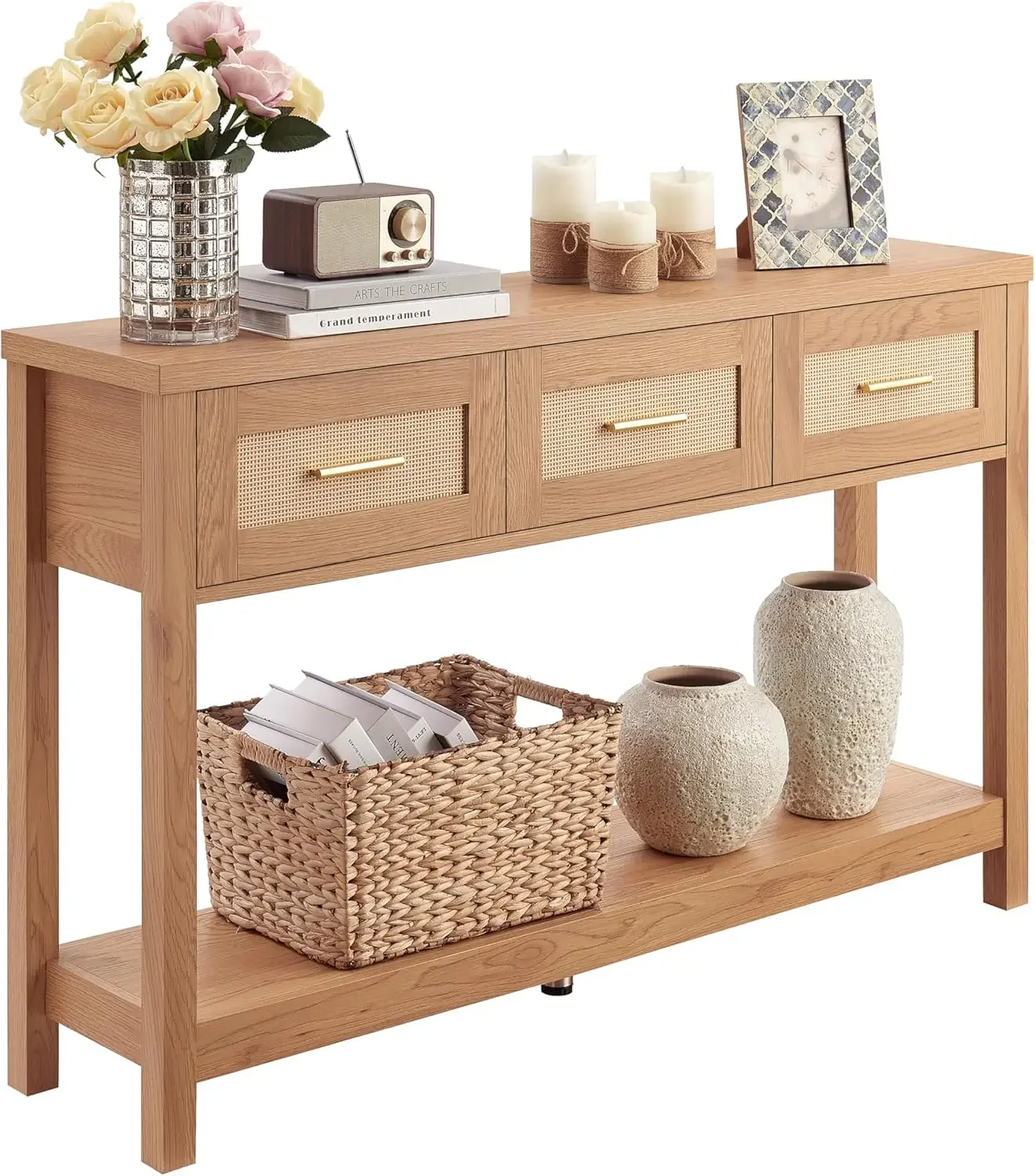 Mesa con 3 cajones de ratán, mesa de entrada boho con estante de almacenamiento, mesa de sofá de madera estrecha, mesa de sofá de 2 niveles de largo detrás