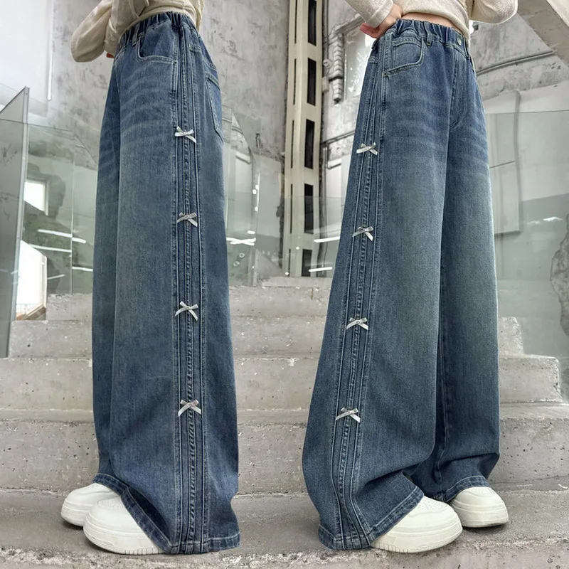 Children Spring Autum Baggy Jeans with Side Pull Strip Bow Tweens Girl Casual Wide Leg Denim Pants Kids Streetwear Trousers