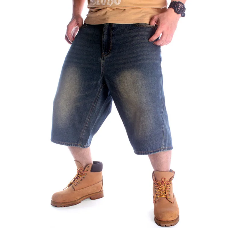 

Fashion Hip Hop Jeans Men Loose Baggy Skateboard Denim Short Crop Pants Streetwear Long 3/4 Shorts DARK BLUE Plus Size 46