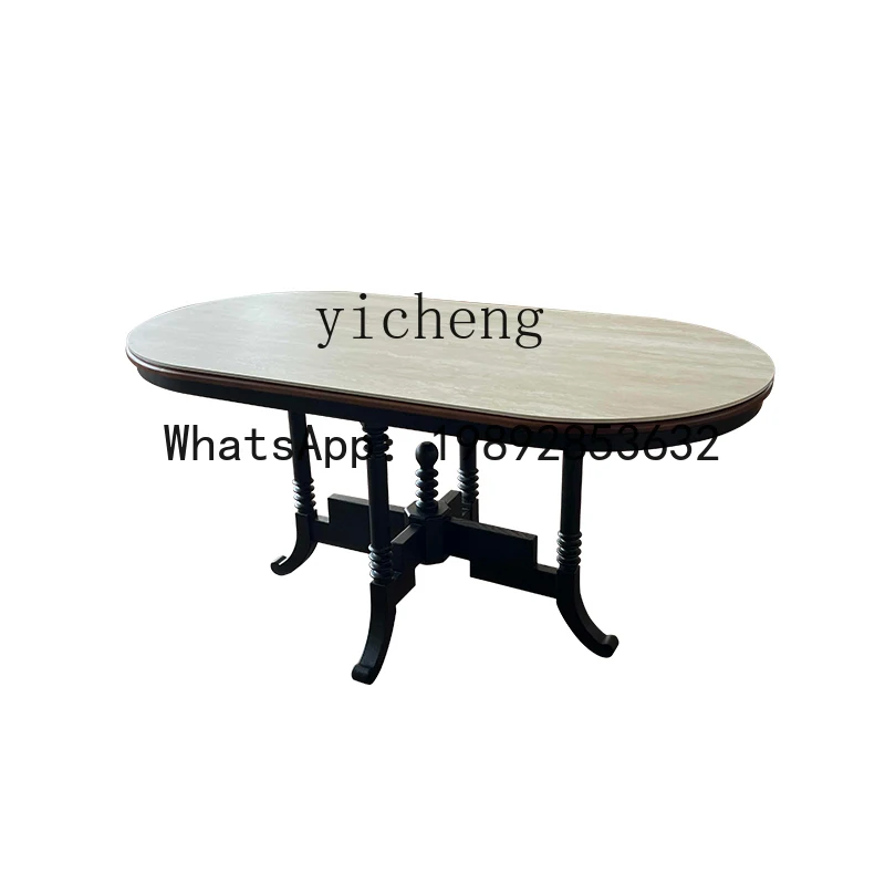rock slab travertine oval dining table solid wood French retro Nanyang style