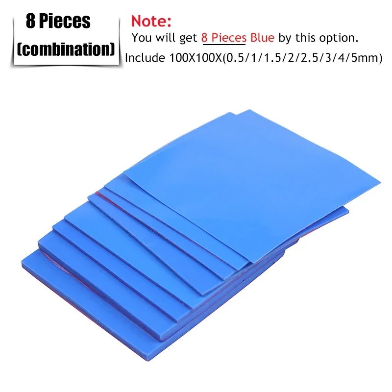 8 stks YOUNUON 100x100x0.5mm 1mm 1.5mm 2mm 2.5mm 3mm 4mm 5mm Blauw Wit Groen Combinatie Thermische Pads Koeling Geleidende Siliconen