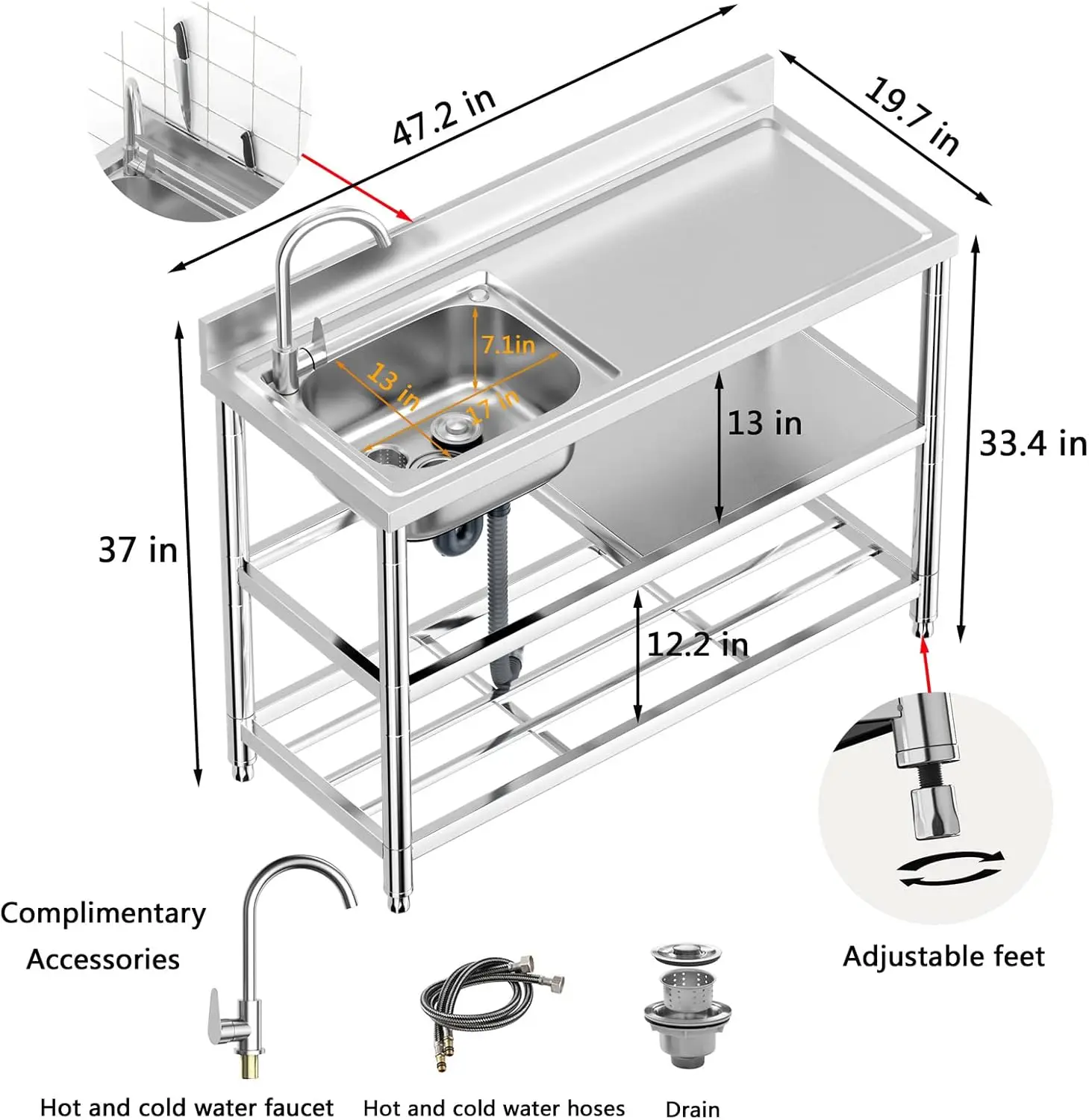 Free Standing Stainless-Steel Single Bowl Commercial Restaurant Kitchen Sink Set w/Faucet & Drainboard, Prep