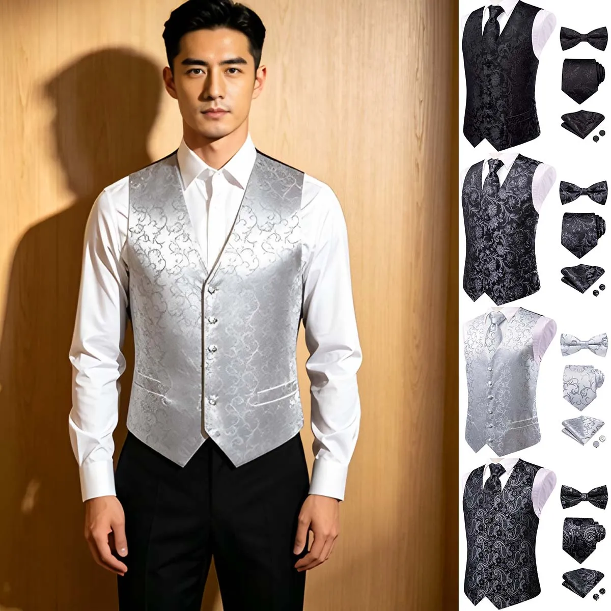 Men Black & Grey Paisley Pattern V Collar Vest Full Set Wedding Party Formal Matching Outfit
